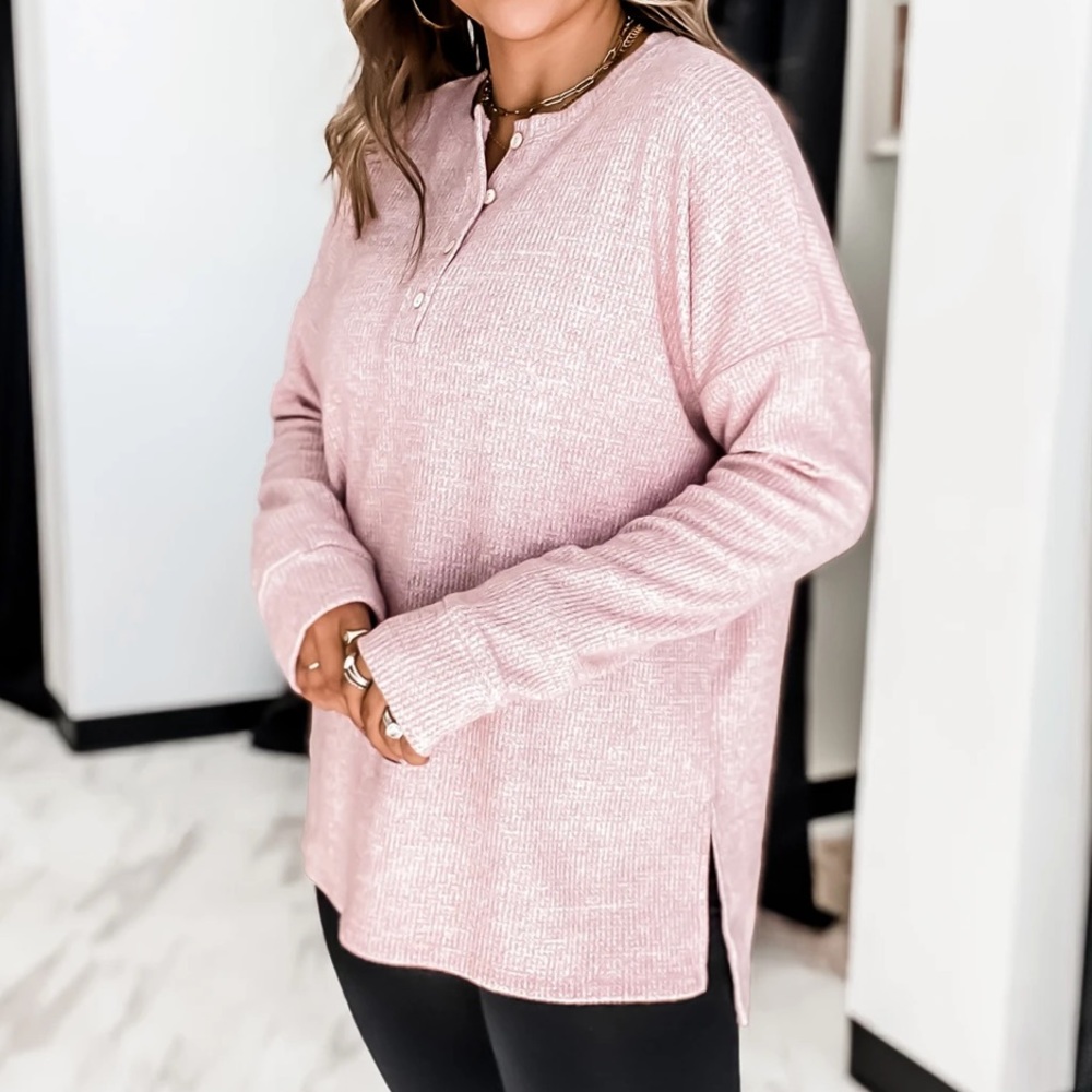 [Cherish] Henley Style Brushed Thermal Knit Top - Size L - Picture 7 of 10